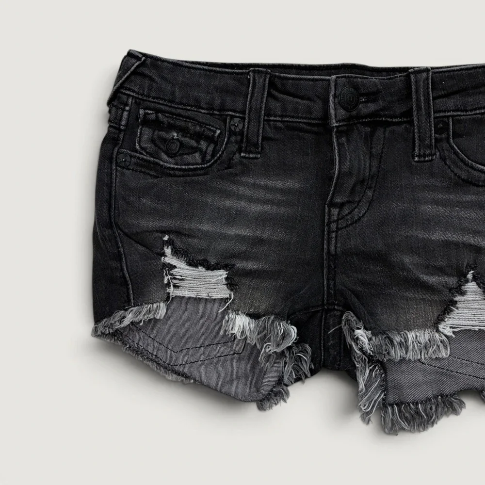 True Religion Joey Low Rise Cut Off Denim Shorts Moon Light Distressed Black 26